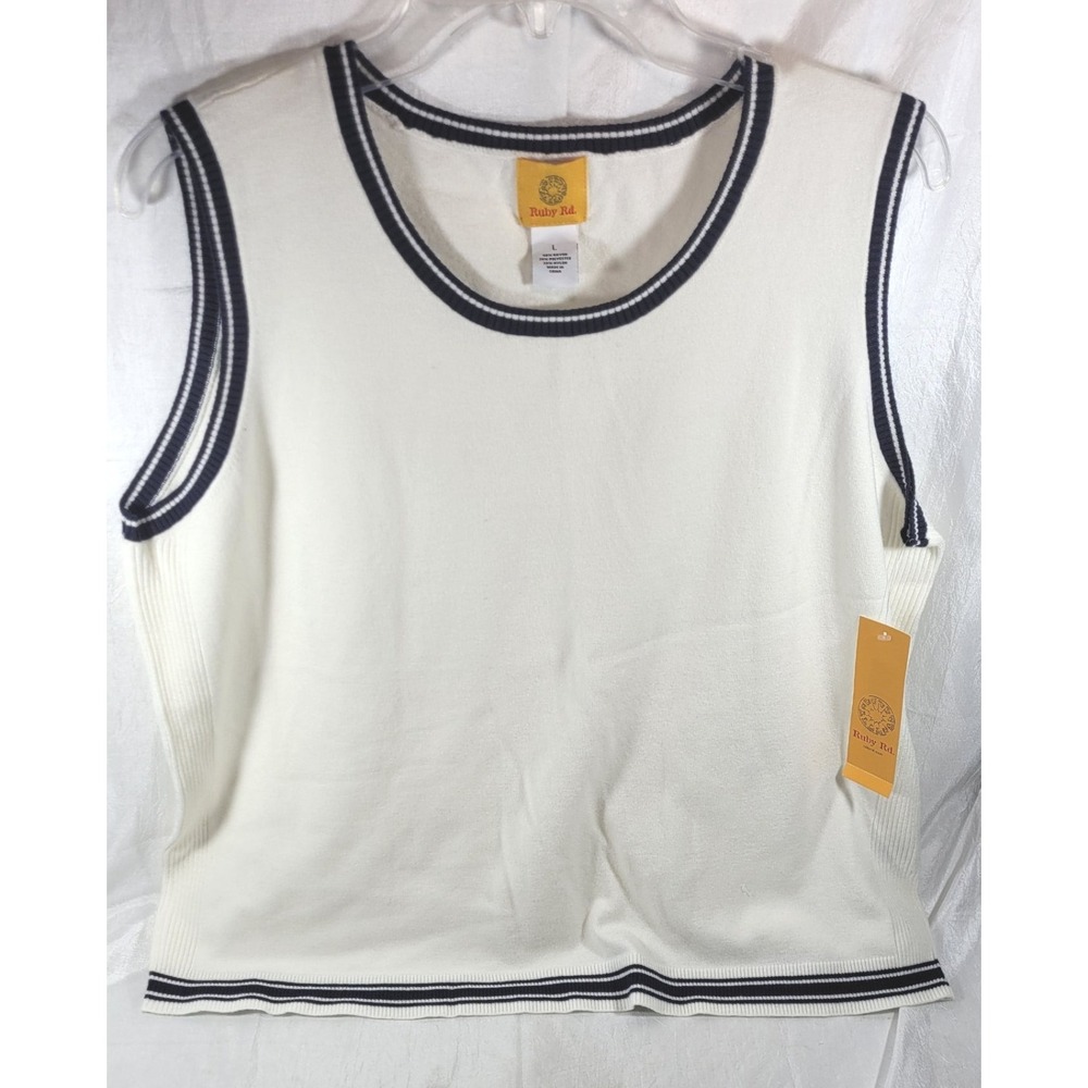 Ruby Rd. Women's Jetsetter Jersey Knit Tipped Trim Sweater Tank Top - Ivory - L